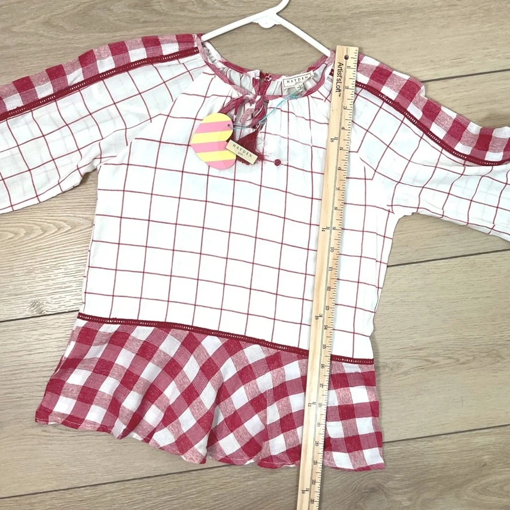 Hayden Girls Red White Plaid Checkered Tassel‎ Peplum Blouse Top Size L NWT